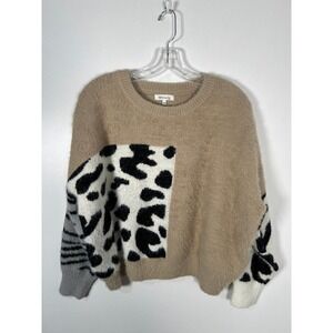 Animal Print Colorblock Fuzzy Knit Sweater Leopard Zebra Tan Popover S/M